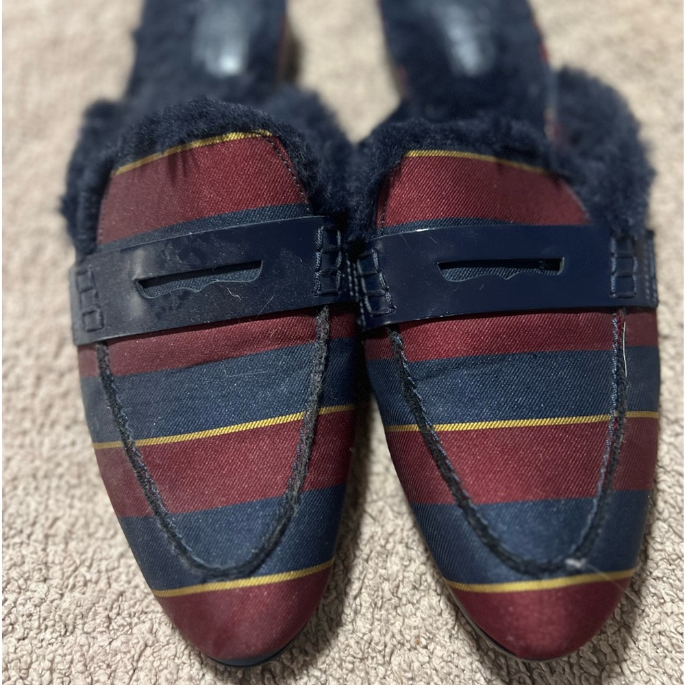 J Crew Academy Penny loafer mule Sz. 10, blue and maroon stripe.